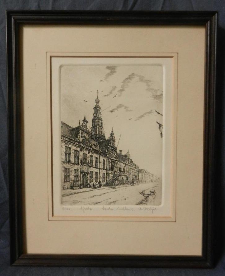Ets Stadhuis Breestraat Leiden door Anna Doedijns 17x12 cm, Antiek en Kunst, Kunst | Etsen en Gravures, Ophalen of Verzenden