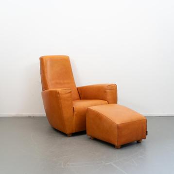 2x Label Longa Fauteuil + Voetenbank Cognac - Buffaloleer beschikbaar voor biedingen