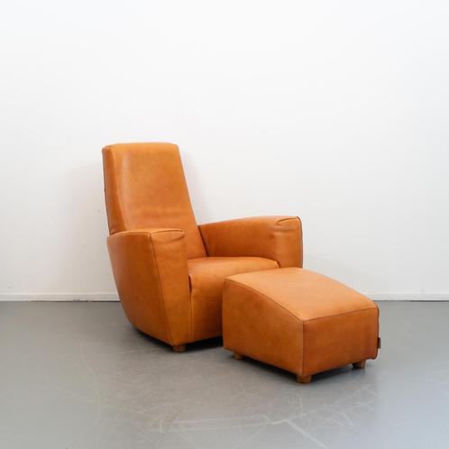 2x Label Longa Fauteuil + Voetenbank Cognac - Buffaloleer, Huis en Inrichting, Fauteuils, Gebruikt, Hout, Leer, 75 tot 100 cm