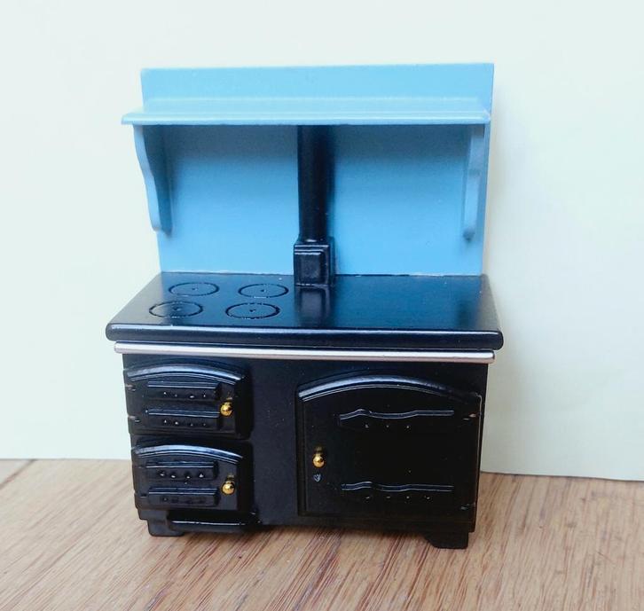Nieuw poppenhuis 1:12 fornuis zwart blauw hout oven haard, Verzamelen, Poppenhuizen en Toebehoren, Zo goed als nieuw, Gebruiksvoorwerp