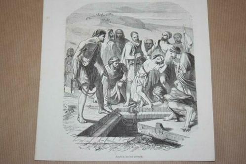 Antieke gravure uit 1874 - Jozef in de put geworpen !!, Antiek en Kunst, Kunst | Etsen en Gravures, Ophalen of Verzenden