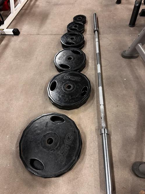 155kg Olympische Gewichten + Olympische Barbell 220cm, Sport en Fitness, Fitnessmaterialen, Gebruikt, Halterschijven, Ophalen