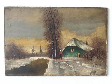 Oud Schilderij Winterlandschap Hollands Tafereel Olieverf beschikbaar voor biedingen