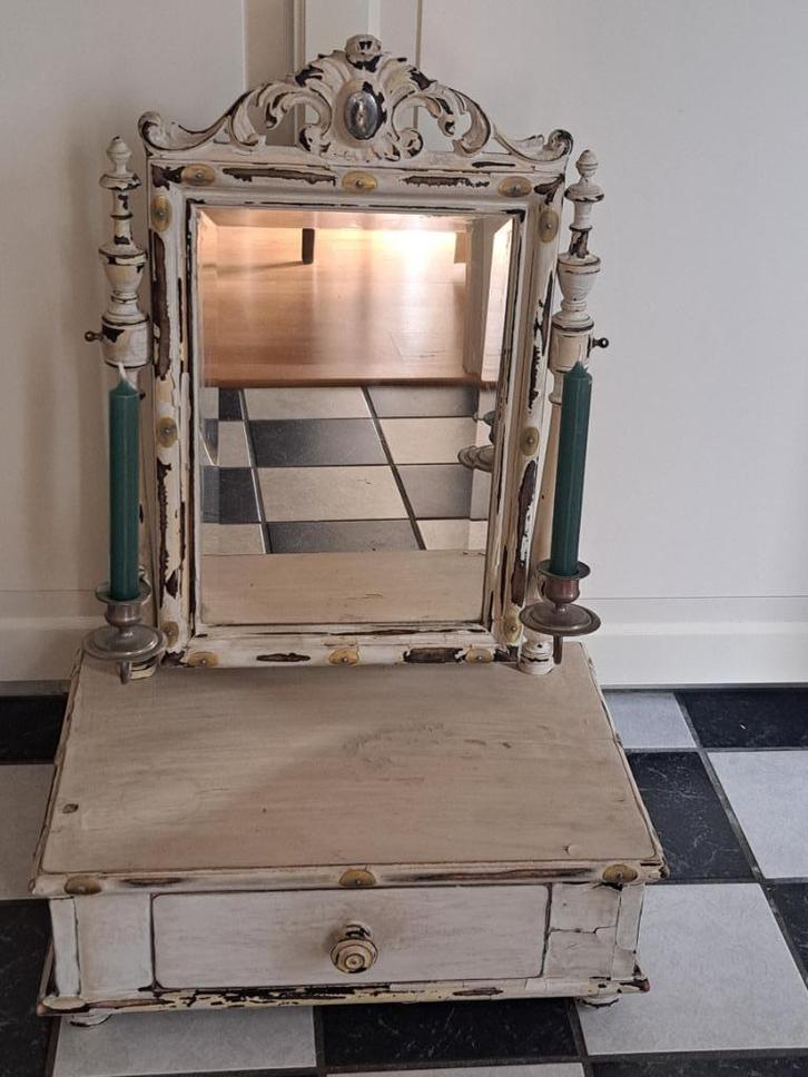 Antieke Spiegel met Lade en Kandelaars, Antiek en Kunst, Antiek | Spiegels, Minder dan 50 cm, Minder dan 100 cm, Rechthoekig, Ophalen