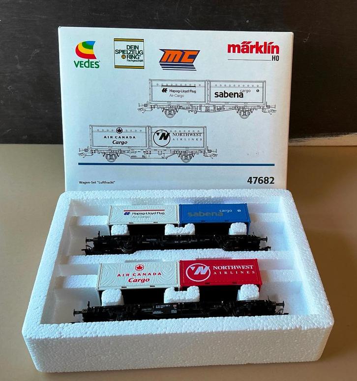 MäRKLIN H0 # 47682 SET 2x CONTAINERWAGENS LUCHTVRACHT N  OVP, Hobby en Vrije tijd, Modeltreinen | H0, Nieuw, Wagon, Wisselstroom