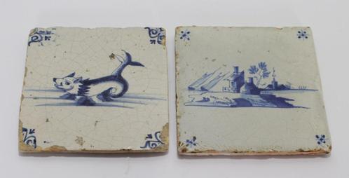 2 Delfts blauwe tegels -17/18e eeuws, Antiek en Kunst, Antiek | Wandborden en Tegels, Ophalen