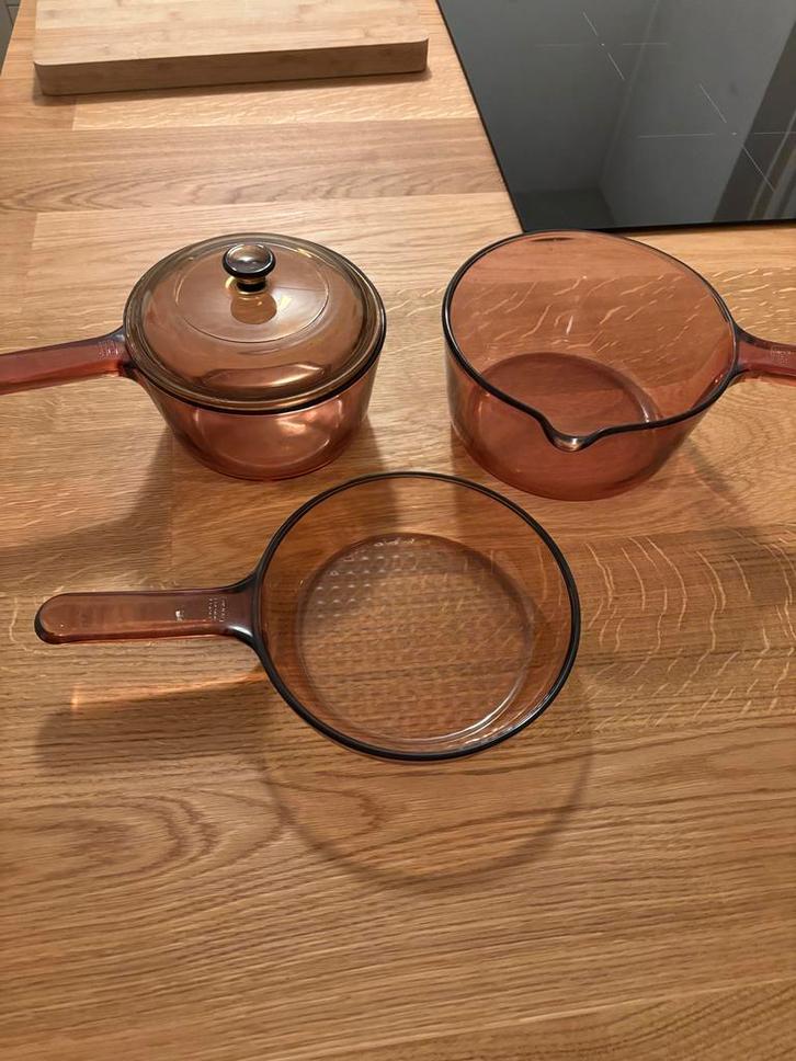 Vision Corning amberkleurig glazen pannen set 3-delig, Huis en Inrichting, Keuken | Potten en Pannen, Gebruikt, Pannenset, Glas