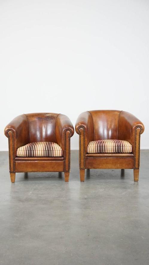 2x Vintage schapenleren clubfauteuil met stoffen zitkussen, Huis en Inrichting, Fauteuils, Gebruikt, Leer, Stof, 75 tot 100 cm
