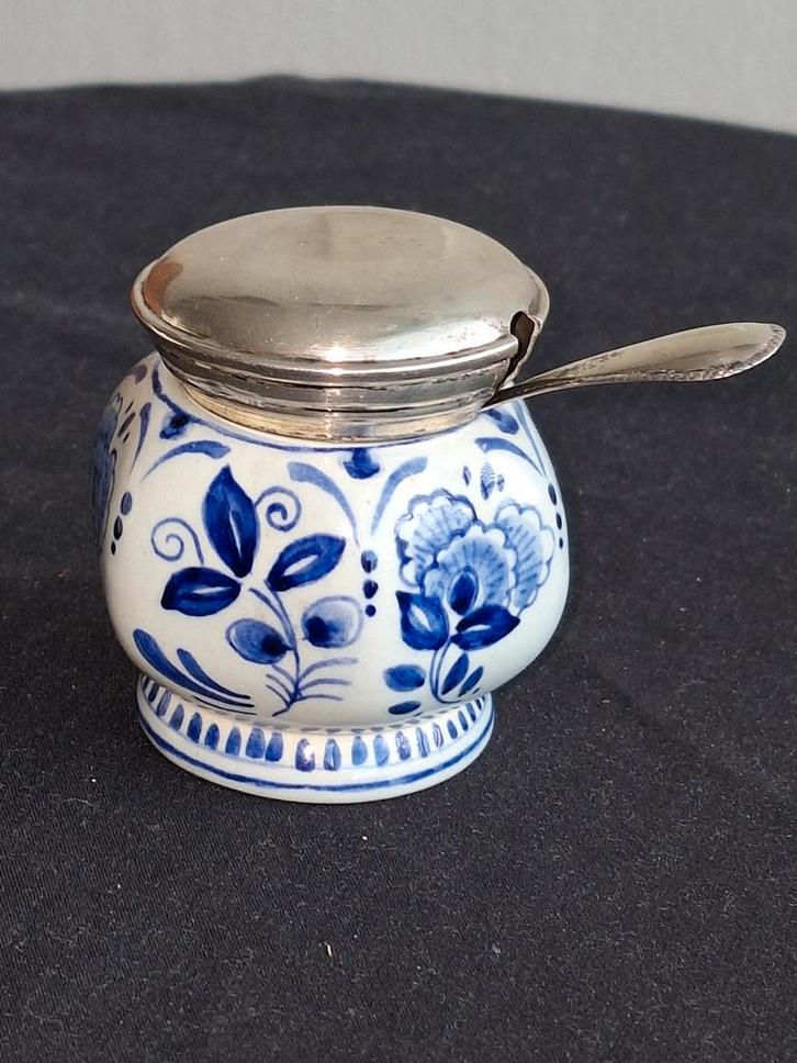 Antiek Mosterdpotje met Zilveren Deksel & Lepel, Antiek en Kunst, Antiek | Goud en Zilver, Zilver, Ophalen of Verzenden