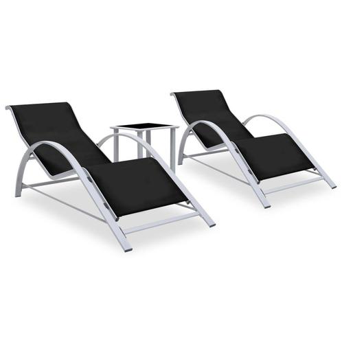 Ligbedden 2 st met tafel aluminium zwart, Tuin en Terras, Tuinmeubel-accessoires, Nieuw, Ophalen of Verzenden