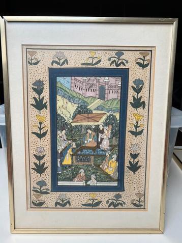 Vintage Oosterse Mughal,op zijde geschilderde voorstelling beschikbaar voor biedingen