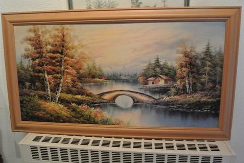 Schild.Landschap/Brug/Houten Chalets aan een Meer, Antiek en Kunst, Kunst | Schilderijen | Klassiek, Ophalen