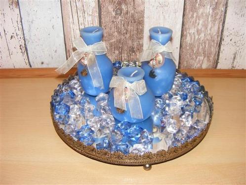 Decoratie set blauw - kaarsen, diamanten, op spiegelplateau, Huis en Inrichting, Woonaccessoires | Overige, Zo goed als nieuw