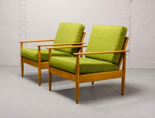 Vintage set scandic lounge fauteuils in Grete Jalk stijl 60s, Huis en Inrichting, Fauteuils, Gebruikt, Hout, Stof, 50 tot 75 cm