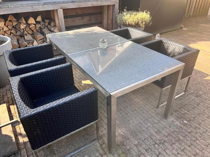 Tuinset rvs met 4 stoelen, Tuin en Terras, Tuinsets en Loungesets, Gebruikt, Tuinset, Rvs, 4 zitplaatsen, Eettafel, Stoel, Ophalen