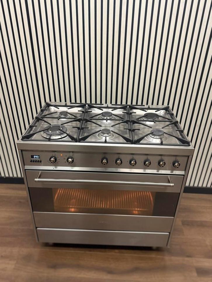 Luxe Smeg RVS 6 pits multifunctionele oven 90 cm, Witgoed en Apparatuur, Fornuizen, Zo goed als nieuw, Vrijstaand, Gas, 5 kookzones of meer