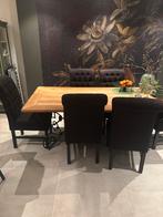 6 Zwarte gecapitonneerde eetkamerstoelen van linnen, Huis en Inrichting, Stoelen, Ophalen, Gebruikt, Zwart, Stof