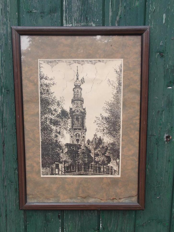 Ets van Zuiderkerk in Amsterdam., Antiek en Kunst, Kunst | Etsen en Gravures, Ophalen