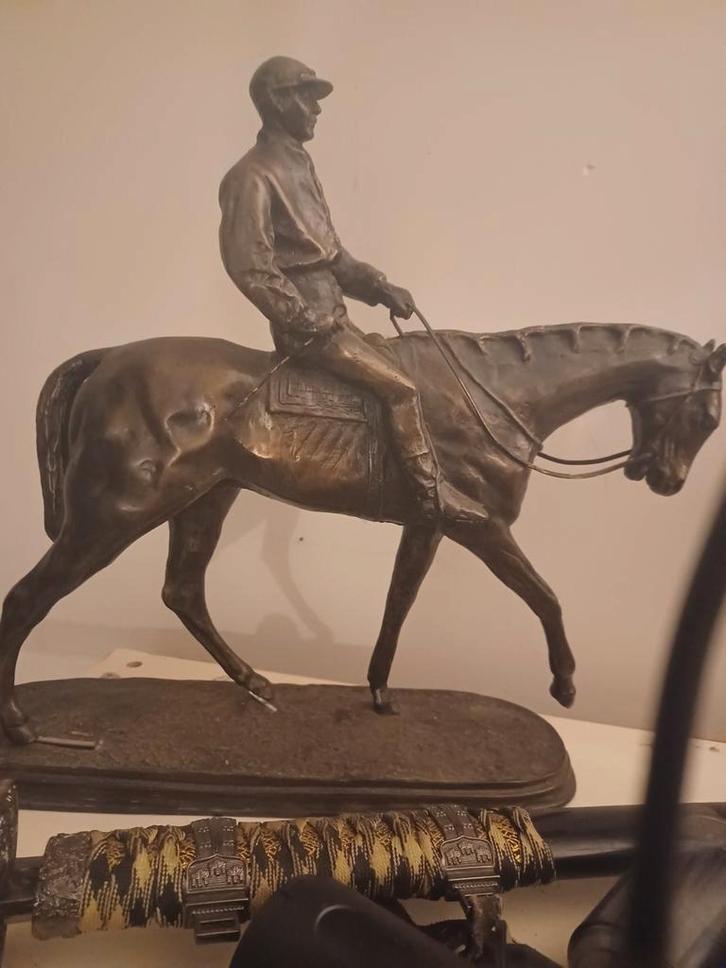 Bronzen beeld paard met jockey - Vintage decoratie, Antiek en Kunst, Kunst | Beelden en Houtsnijwerken, Ophalen of Verzenden