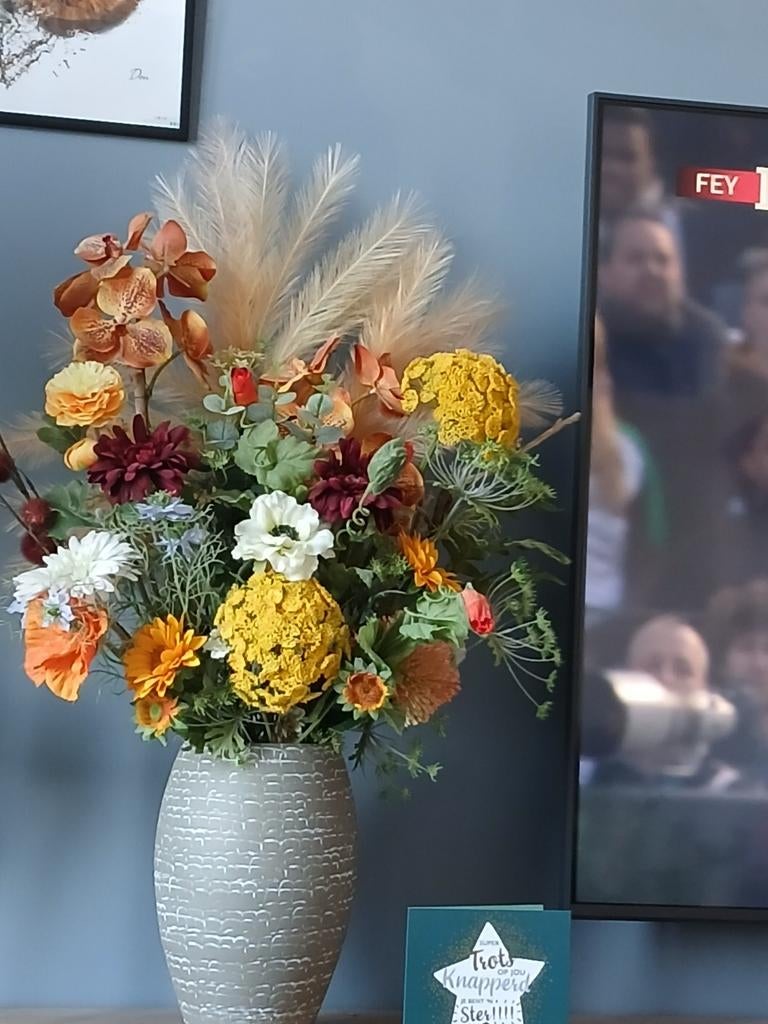 Groot bloemstuk met vaas, 99 cm hoog, Ophalen, Overige materialen, Gebruikt, Overige kleuren