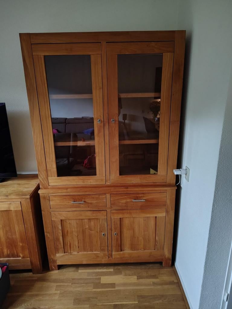 Nette teak buffetkast met glazen deuren en lades, Huis en Inrichting, Kasten | Vitrinekasten, Ophalen, Gebruikt, 200 cm of meer