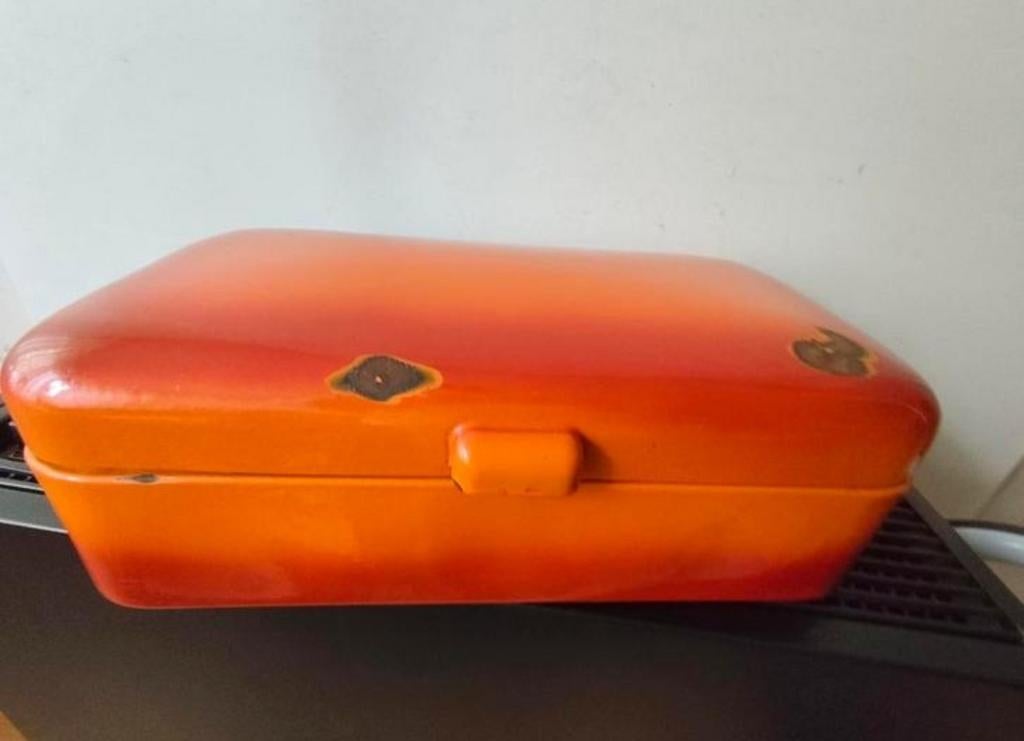 Vintage gevlamd oranje emaille broodtrommel, 24x48x15 cm, Ophalen of Verzenden