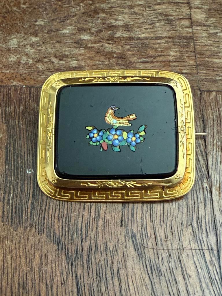 Antieke 18k Gouden Onix Micromosaic Broche - Vogel & Bloemen, Verzenden, Goud, Broche