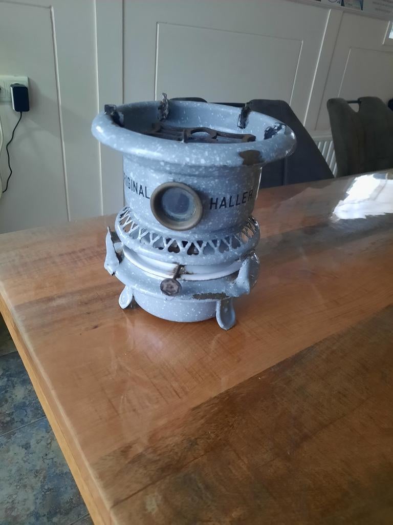 Haller 1 pits  petroleumstel grijs gespikkeld, Antiek en Kunst, Antiek | Emaille, Ophalen of Verzenden