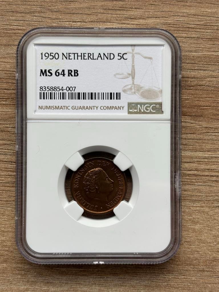 Nederland 5 cent 1950 MS64RB NGC - Koningin Juliana, Postzegels en Munten, Munten | Nederland, Ophalen of Verzenden, Koningin Juliana