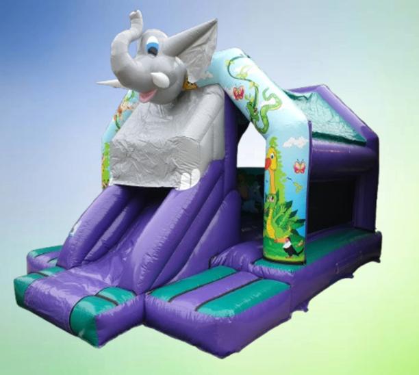 Springkussen met voor glijbaan Olifant huren, Hobby en Vrije tijd, Feestartikelen | Verhuur, Ophalen, Zo goed als nieuw, Overige