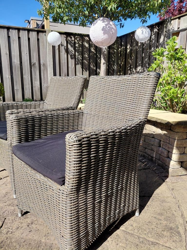 6 Rotan tuinstoelen met kussens, Ophalen of Verzenden, Gebruikt, Kunststof