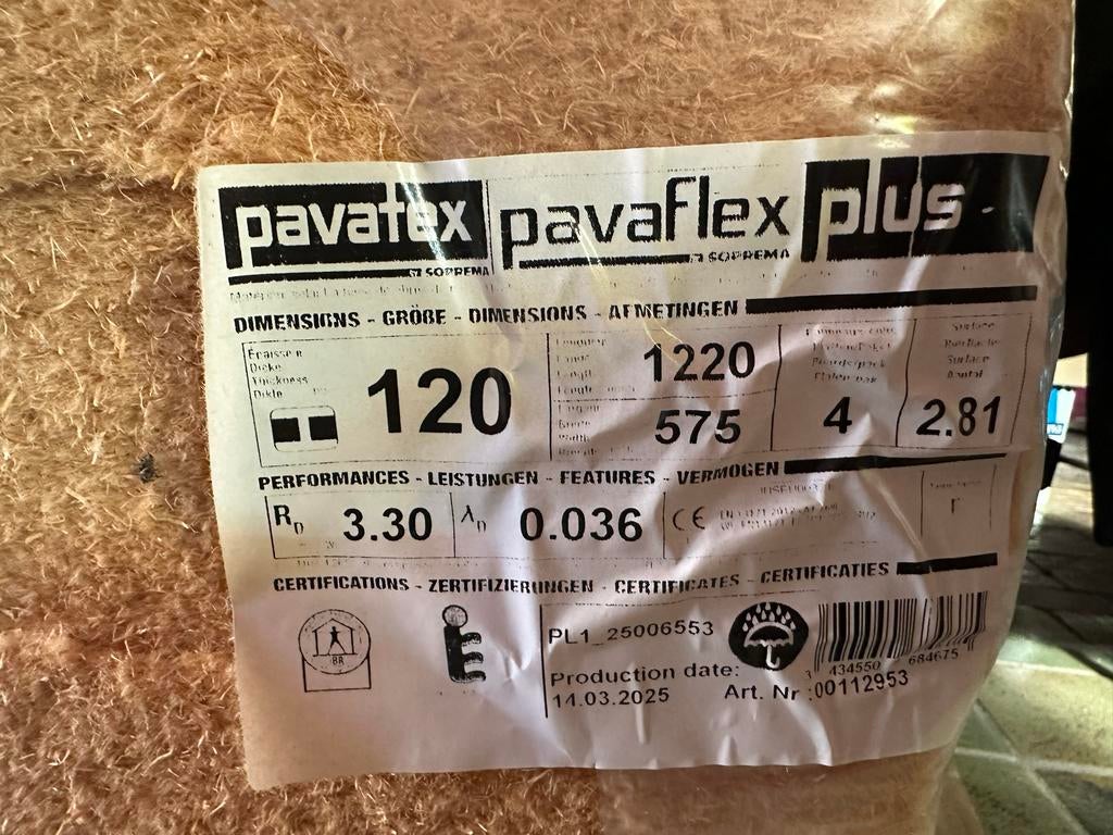 Biobased Pavaflex Plus Houtvezelisolatie 120mm 10,5m2 -Nieuw, Doe-het-zelf en Verbouw, Isolatie en Afdichting, Ophalen, Overige materialen