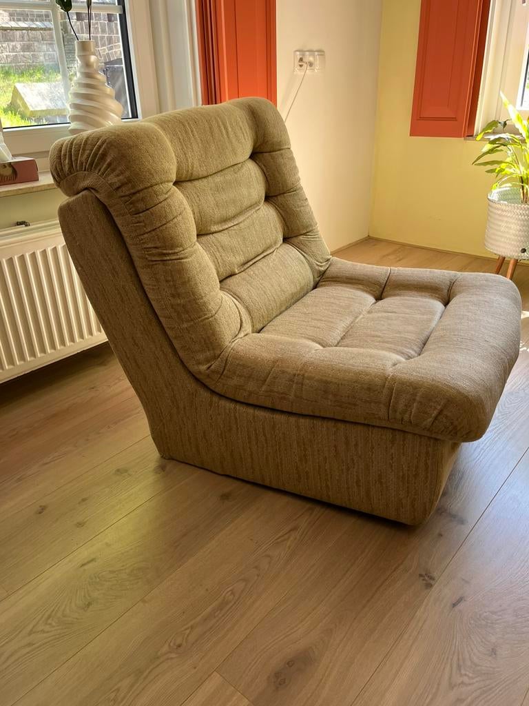 Vintage crème, beige fauteuil, Ophalen, Gebruikt, 75 tot 100 cm, 50 tot 75 cm