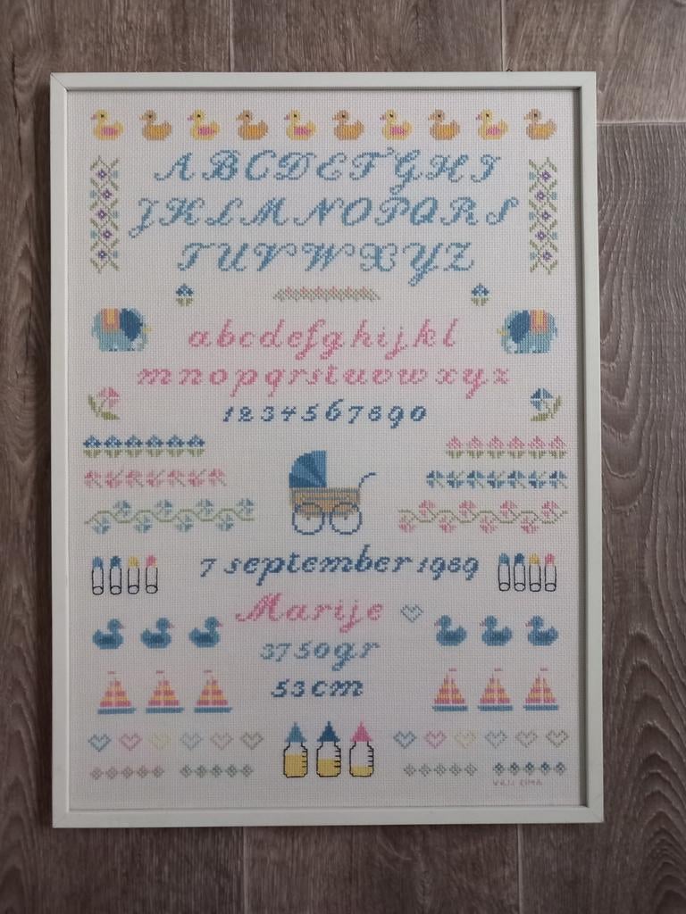 Geboorte merklap geborduurd 39 x 54 cm, Ophalen of Verzenden, Zo goed als nieuw, Schilderij