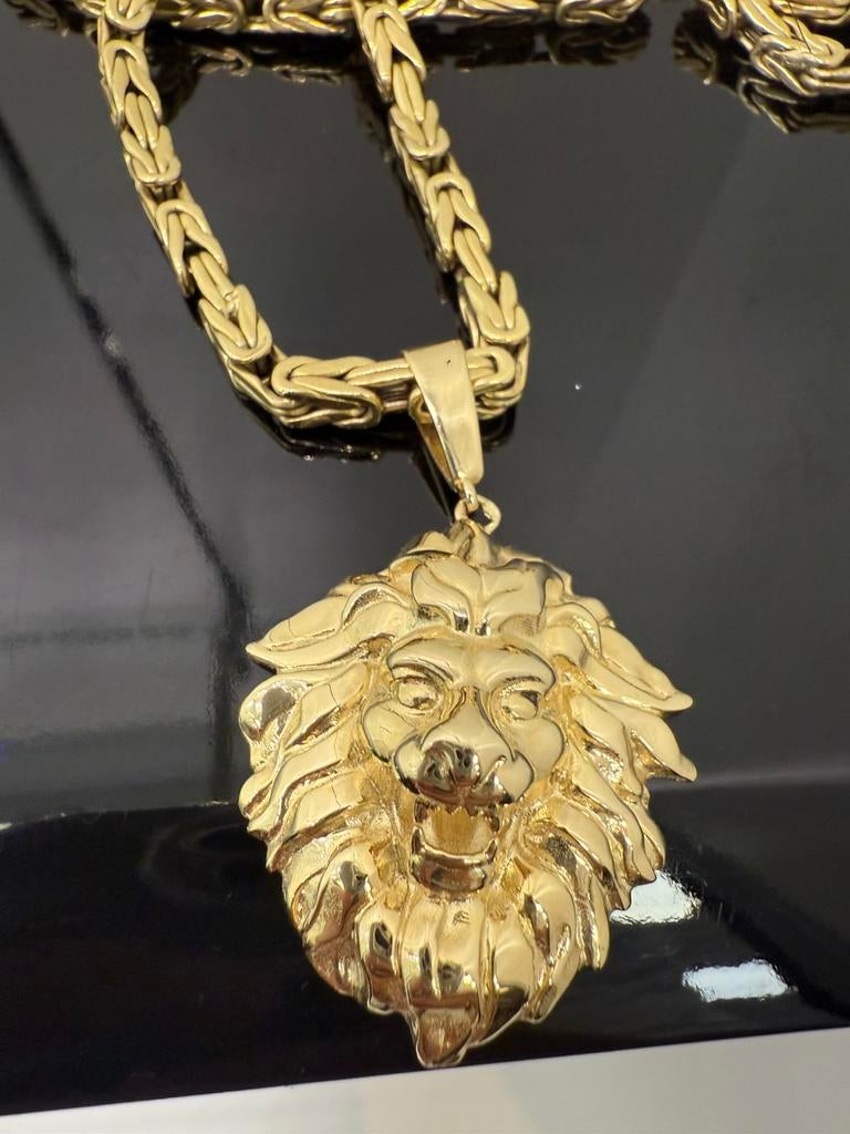 Prachtige 14 karaats gouden koningsketting met leeuw hanger, Ophalen of Verzenden, Goud