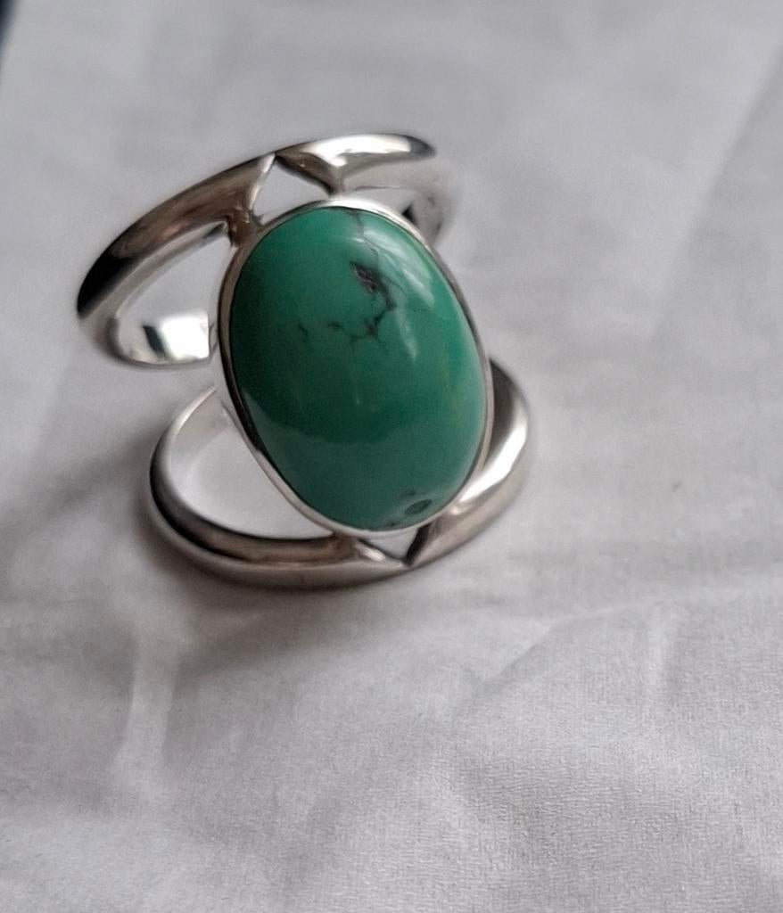 Vintage Navajo Zilveren Ring met Turkoois, Gebruikt, Ophalen of Verzenden, 17 tot 18, Met edelsteen
