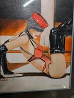 Ingelijste tekening van een vrouw in latex kleding, Ophalen of Verzenden
