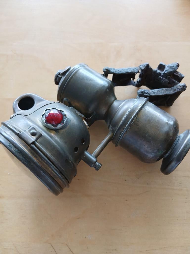 Antieke fietslamp - Carbidlamp met rode en groene lens, Ophalen of Verzenden