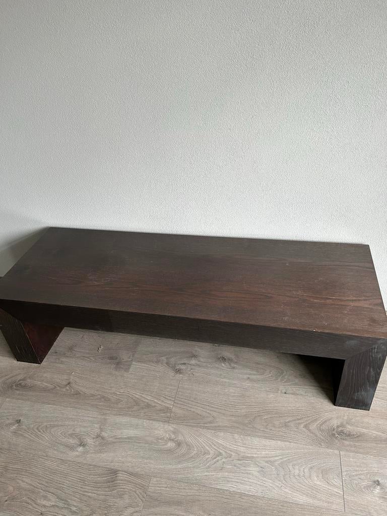 Donkerbruin houten salontafel of tv-meubel - 148x52 cm, Ophalen, Gebruikt, 50 tot 100 cm, 100 tot 150 cm