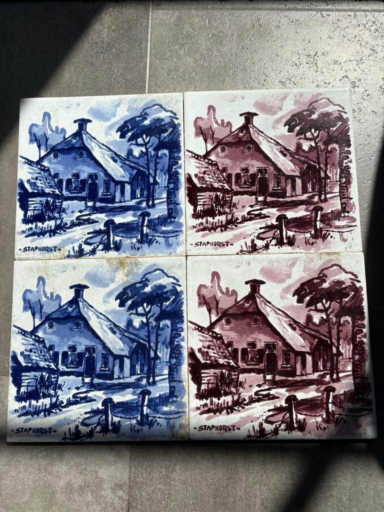 Set van 4 vintage Staphorst tegels - Blauw en Bruin, Ophalen