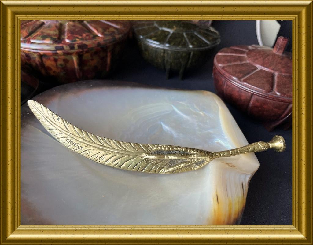 Oude koperen briefopener/ lakstempel: veer, klauw, Anvers, Antiek en Kunst, Ophalen of Verzenden