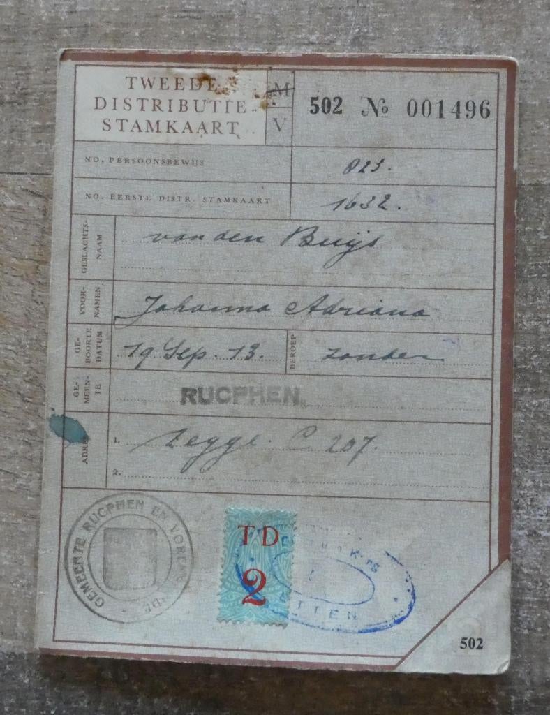 Tweede Distributie stamkaart Rucphen inlegvel wo2 NR. 001496, Verzamelen, Militaria | Tweede Wereldoorlog, Ophalen of Verzenden