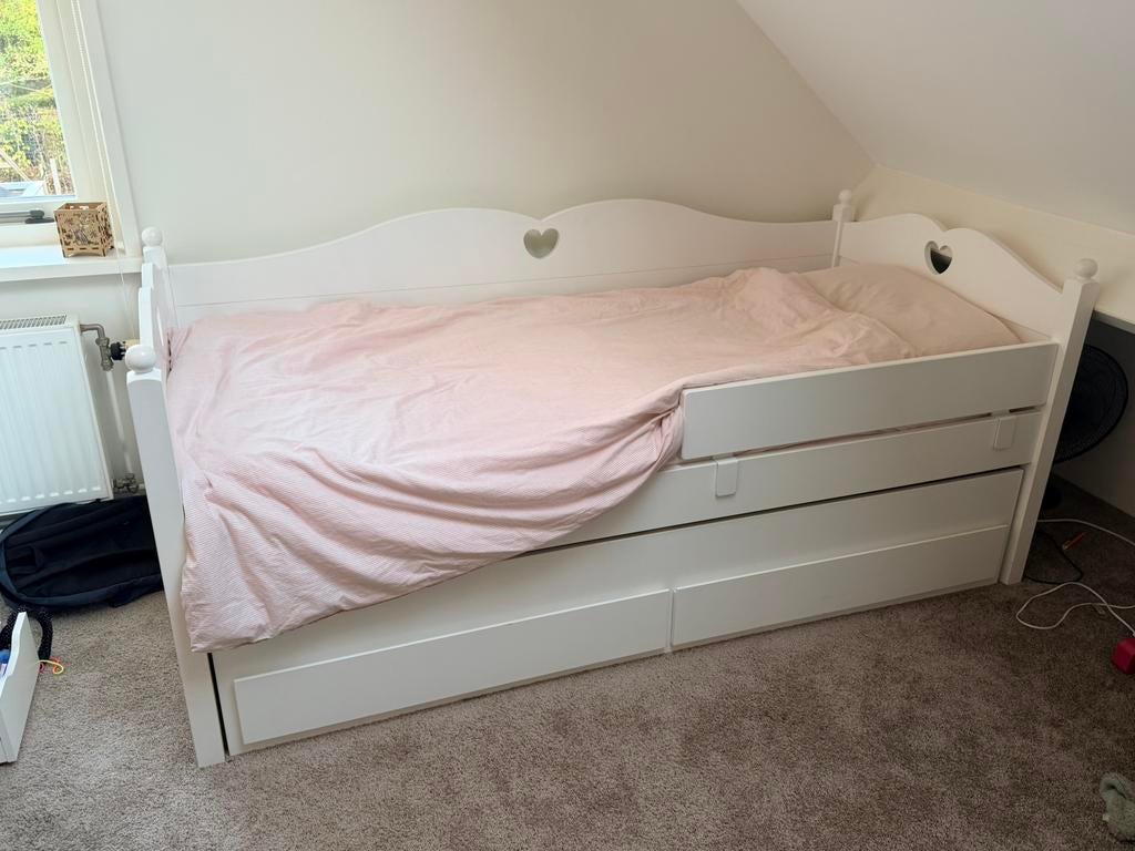 Meisjes (Prinses) bed met uitschuifbaar 2e bed en 2 lades, Ophalen, 90 cm, Eenpersoons, Wit