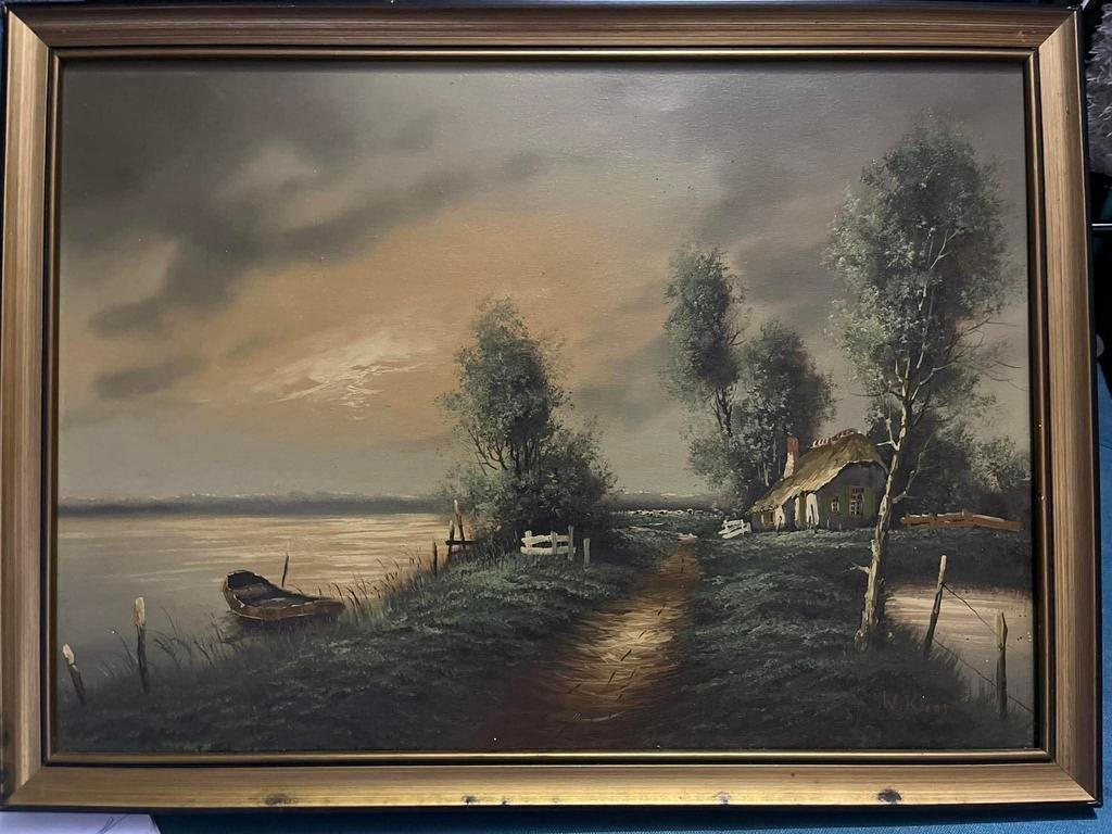 Vintage olieverfschilderij Hollands landschap W. Klaas, Ophalen of Verzenden