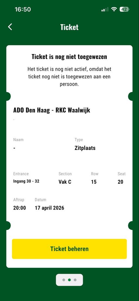 3 tickets ADO-RKC vak C rij 15 stoel 19tm21, Drie personen of meer