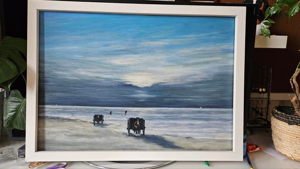 Schilderij: Strandgezicht met paarden en karren, Antiek en Kunst, Ophalen of Verzenden
