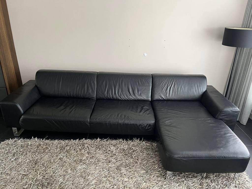 Zwarte leren bank – moet snel weg (gratis af te halen), Ophalen, Zo goed als nieuw, Rechte bank, Modern