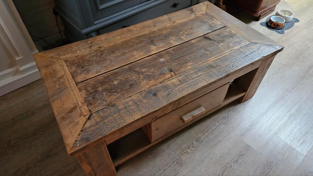 Steigerhouten salontafel met lade ZELF OPHALEN, Ophalen, 100 tot 150 cm, 50 tot 100 cm, Minder dan 50 cm