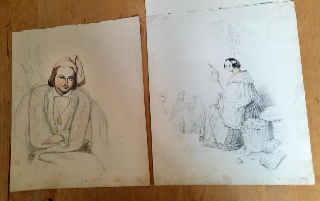 Drie antieke tekeningen, potlood en aquarel, 19e eeuw, Ophalen of Verzenden