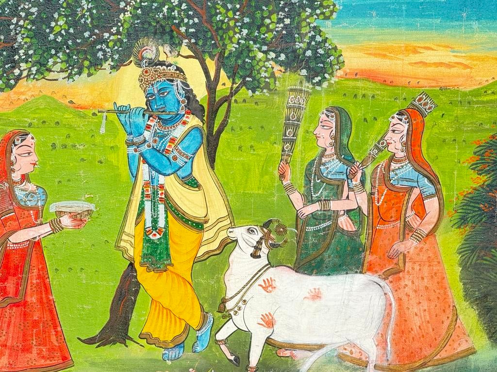 Schilderij met Krishna en koe, Ophalen of Verzenden